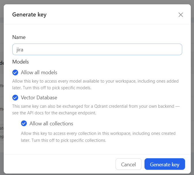 Generate key-dialogen med modelvalg og Vector Database-scope